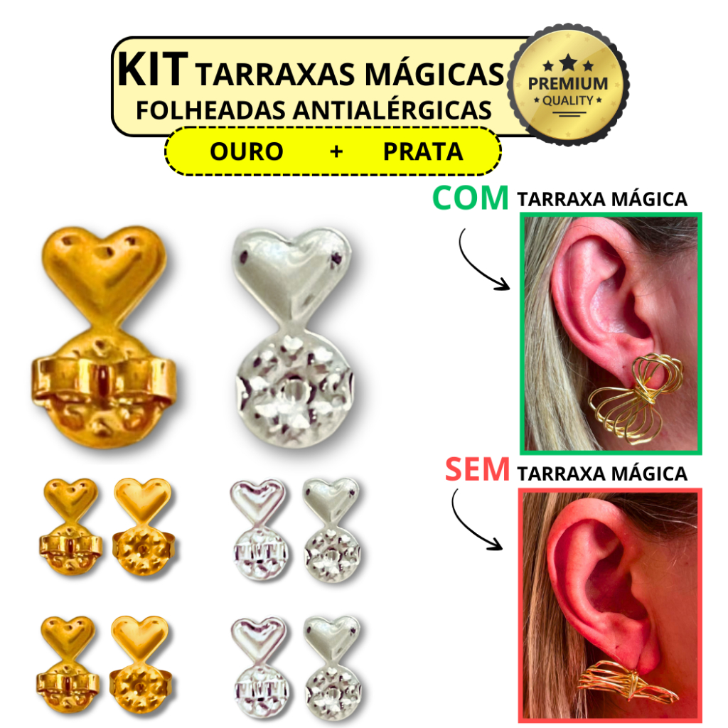 Tarraxa Mágica Ear Cuff Tarracha Folheada a Ouro 18k e Prata 925 Levanta Orelha Rasgada Antialérgico