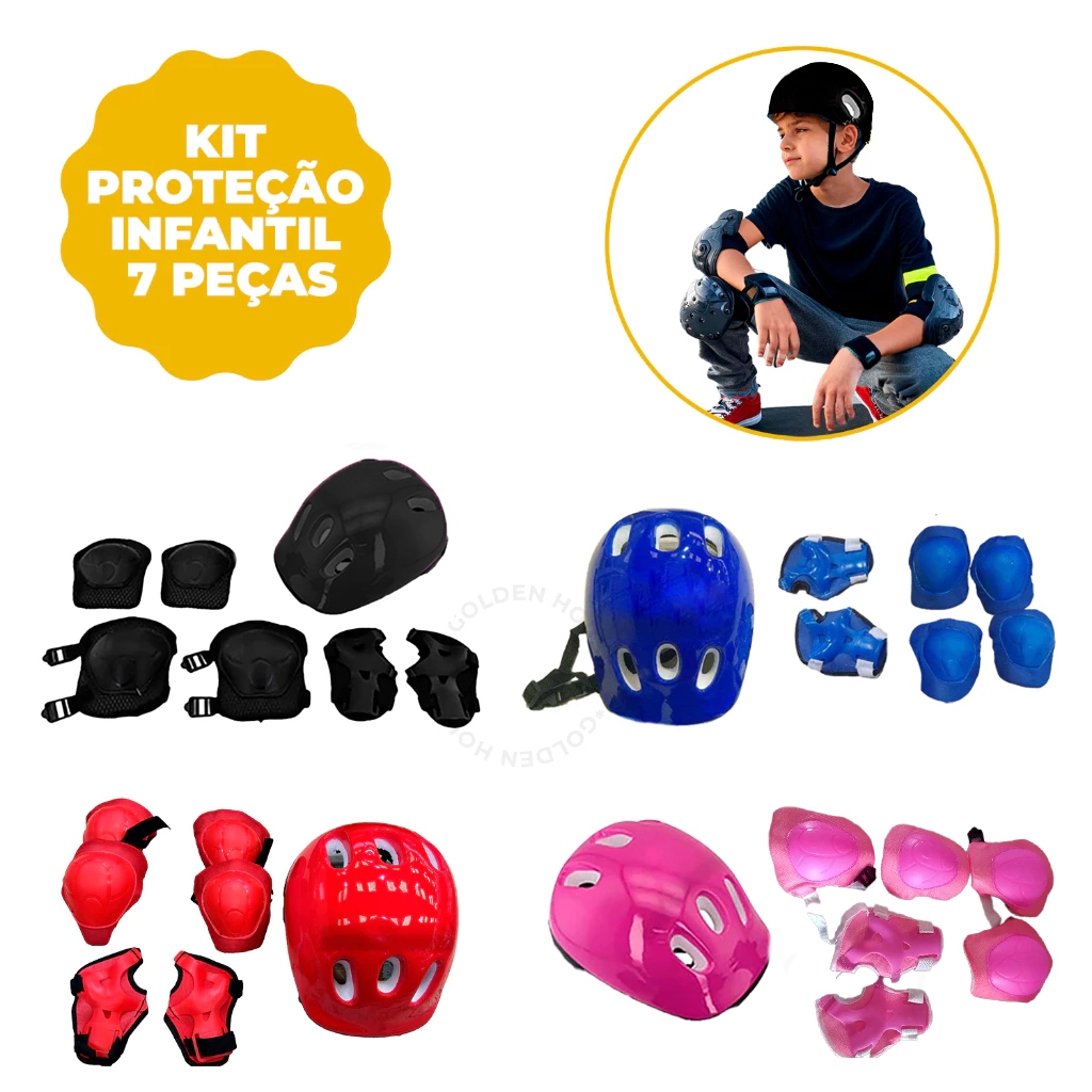 Kit Capacete Patins Proteção 7 Peças Criança Infantil Joelheira Cotoveleira Luvas Bicicleta Patinete