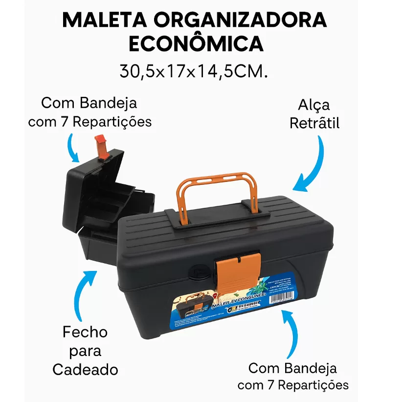 Maleta com bandeja de plastico organizadora / ferramentas /pescaria preta e laranja 30,5X13X15,5CM