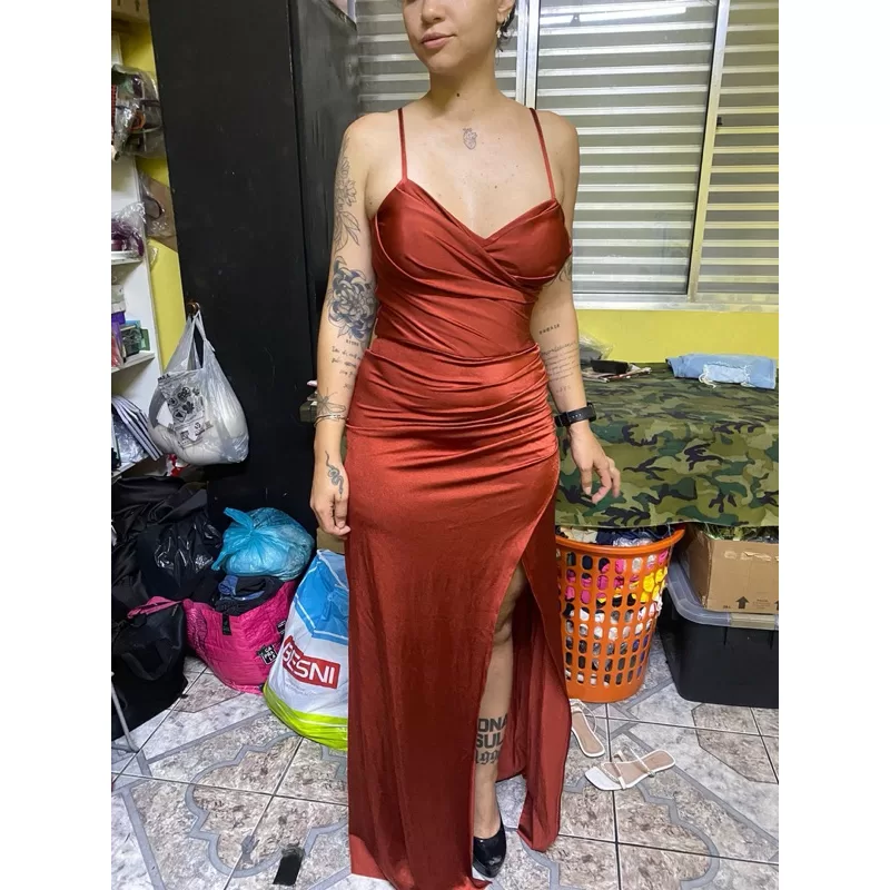 vestido de festa longo madrinha formatura casamento convidada debutante elegante terracota