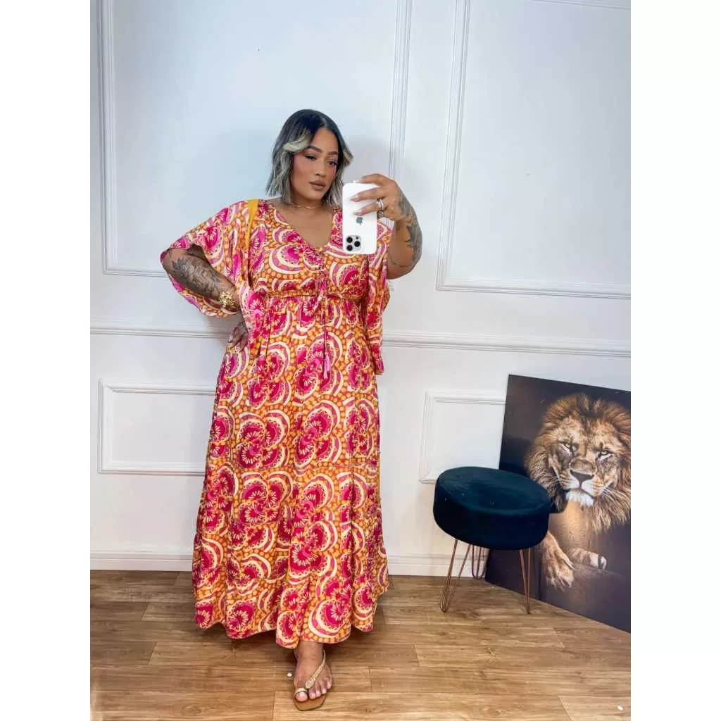 Vestido Longo Kaftan Plus Size Estampado Boho Verão Soltinho Confortável