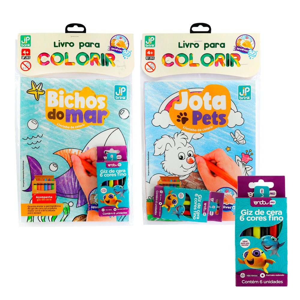 Livro para Colorir Infantil com Caixa de Giz de Cera 6 Unidades – Sortido