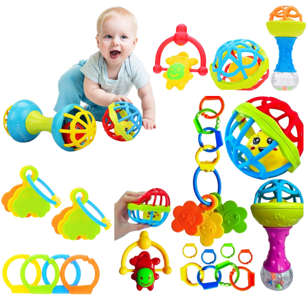 Kit Brinquedos Para Bebê Chocalhos Mordedor Sensorial  Brinquedo Infantil Coisas de Bebê Neném