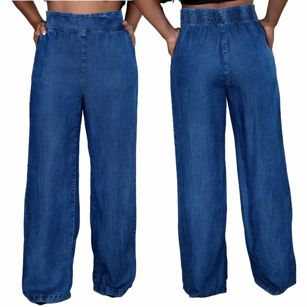 Calça Jeans Pantalona Cintura Alta com Elástico e Bolso Tecido 100% Liocel Tencel