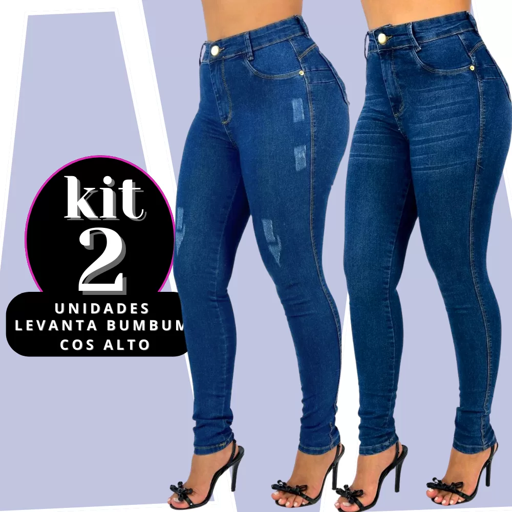 KIT 2 calças Jeans Feminina Skinny Puido e bigode com USD Elastano Cintura Alta Efeito Levanta Bumbu