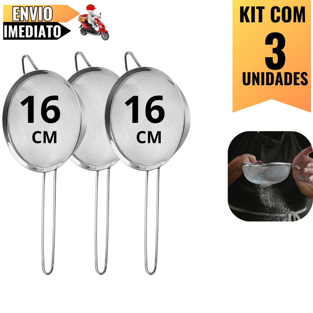 Kit com 03 Peneiras de Aço Inox 16CM para Coar Líquidos e Alimentos em Cozinha, Casa, Restaurantes e