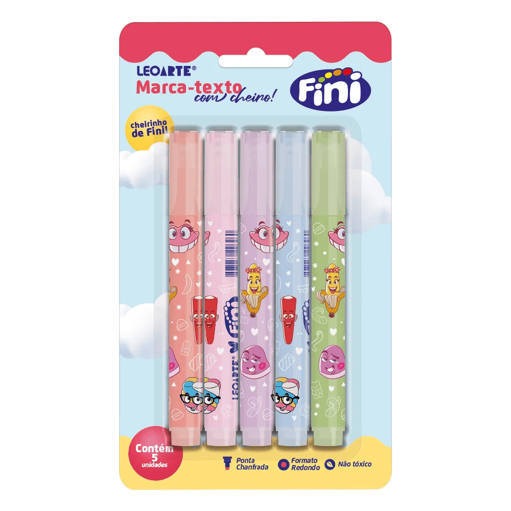 Kit 5 Canetas Marca Texto Coloridas com Cheirinho e Estampas Fini Leo e Leo Papelaria Escola