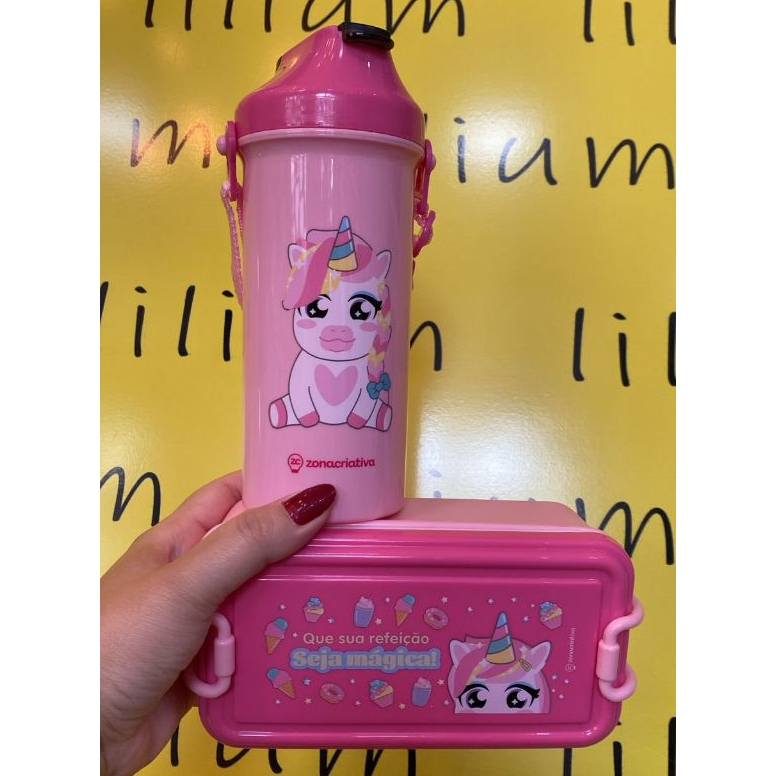 KIT  INFANTIL LANCHINHO MARMITA UNICÓRNIO COM TALHER E GARRAFA COM CANUDO 500ML ESCOLAR