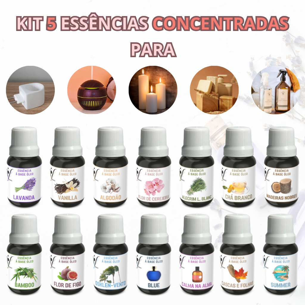 Kit 5 Essência Premium para Aromatizador, Velas, Ambiente, Sabonetes 10ml Concentrada à base de óleo
