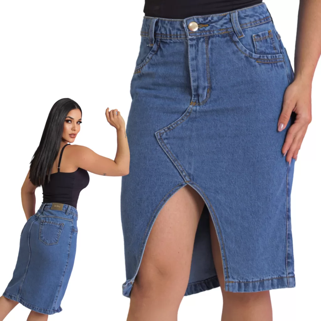 Saia Jeans Feminina Longa Midi Evangélica Cintura Alta