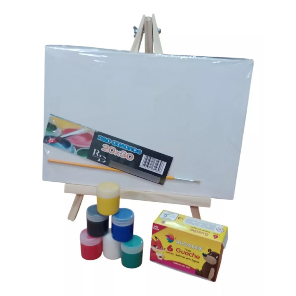 Kit Telas Pintura 20x30cm Algodão Uso Artístico +Cavalete 25×39 +6 guaches+ pincel Leia a Descrição