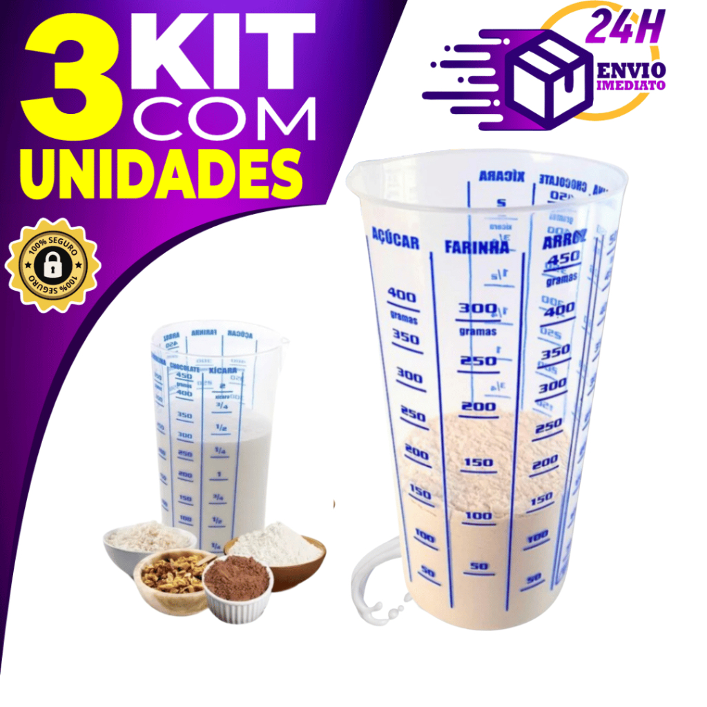 Kit 03 Copo Medidor Dosador Transparente Graduado 500 ml Para Receitas Culinária Cozinha