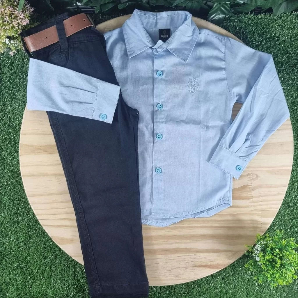 Calça Preta com Camisa Longa Azul Clara Infantil