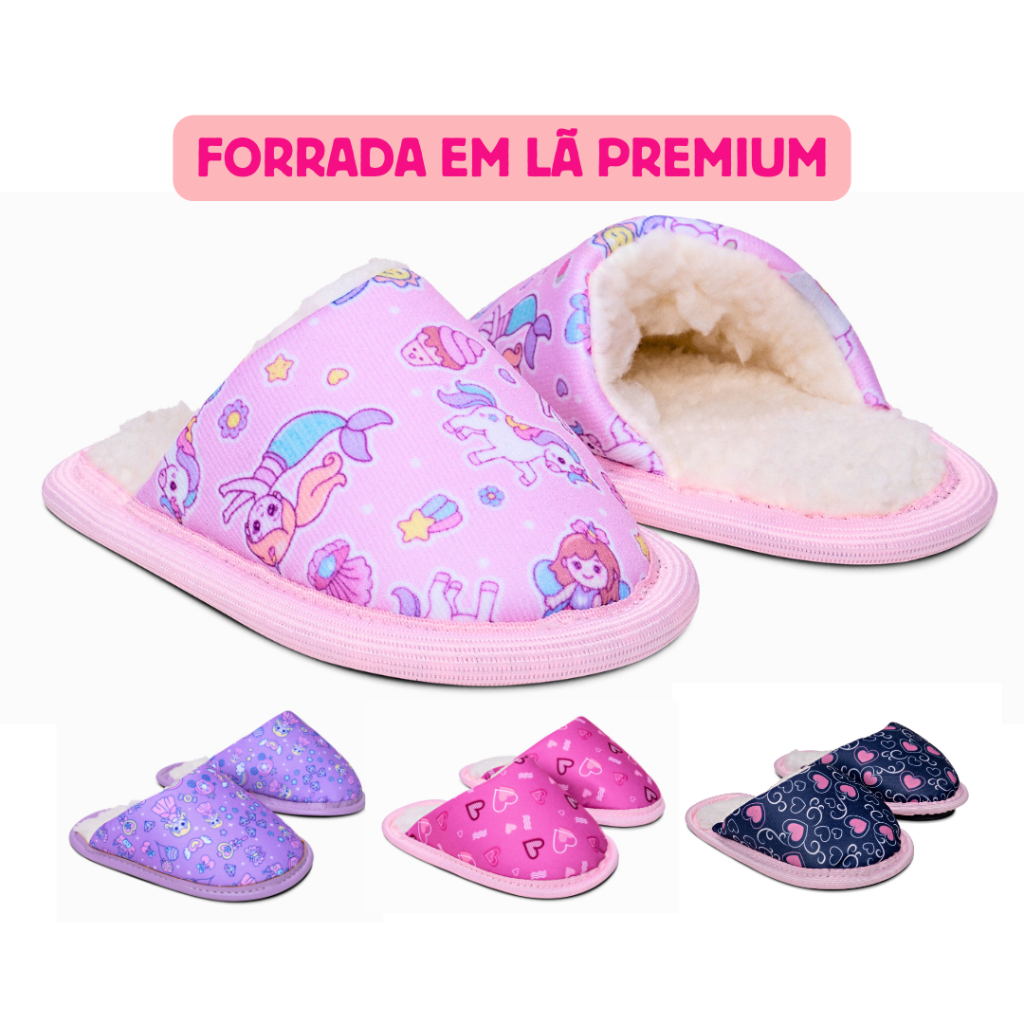 Pantufa Infantil Menina Forrada Em Lã Premium do 21/22 ao 33/34 Solado Antiderrapante