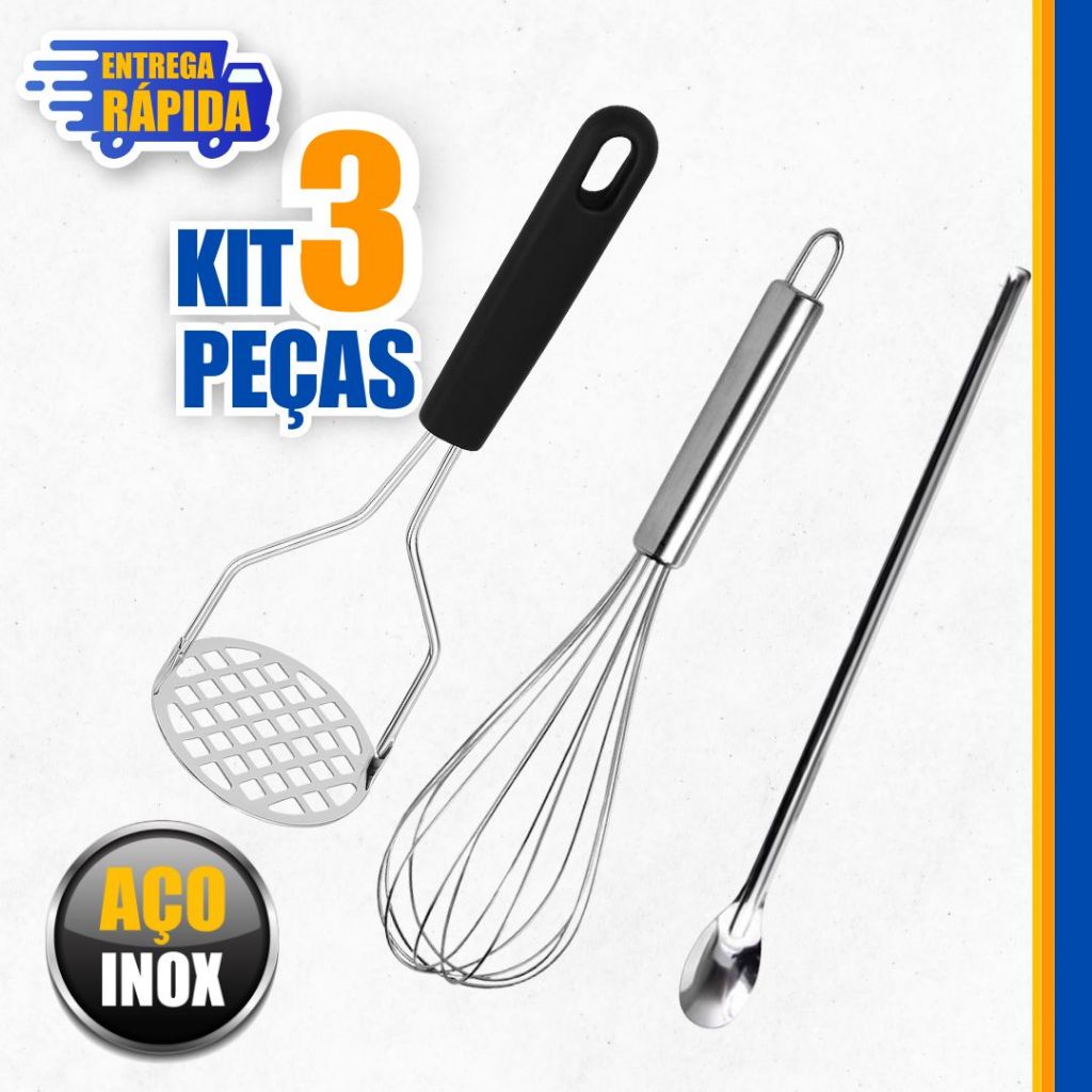 KIT Utensílios de cozinha Amassador de Batatas Batedor de Ovo Fouet Fue 30cm