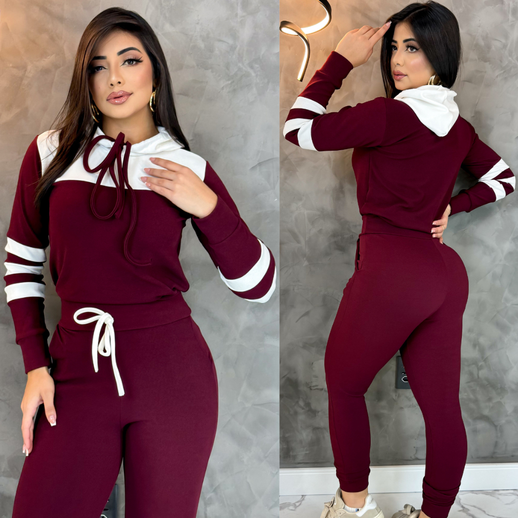 Conjunto Feminino Com Capuz Agasalho Inverno Look Para o Frio