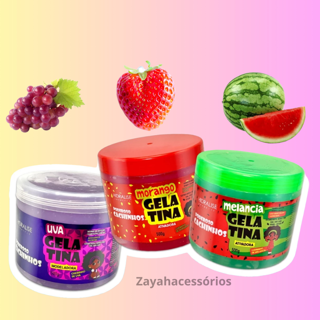 Gelatina Ativadora Kids 500g Poderosos Cachinhos Melancia Morango Uva Hidratação Nutrição Hidralise