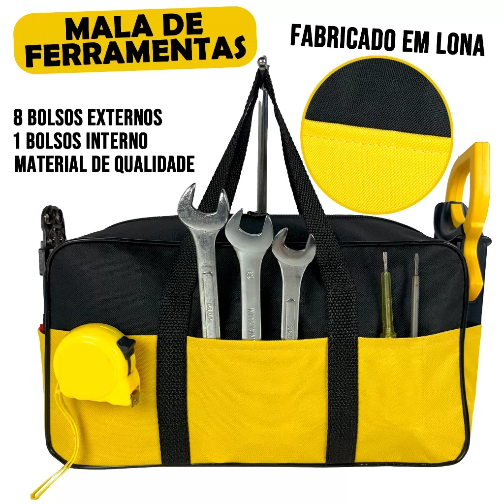 Bolsa Ferramentas Grande Reforçada Eletricista 8 Divisões Lona Resistente