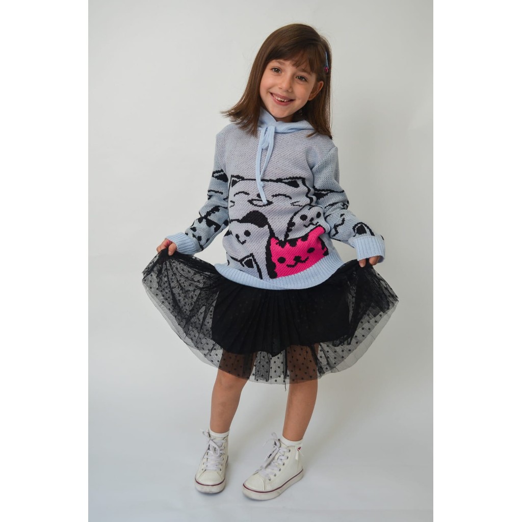 Blusa Inverno Tricô Infantil Menina Capuz Desenhos Gatinhos Manga Longa Moletom.