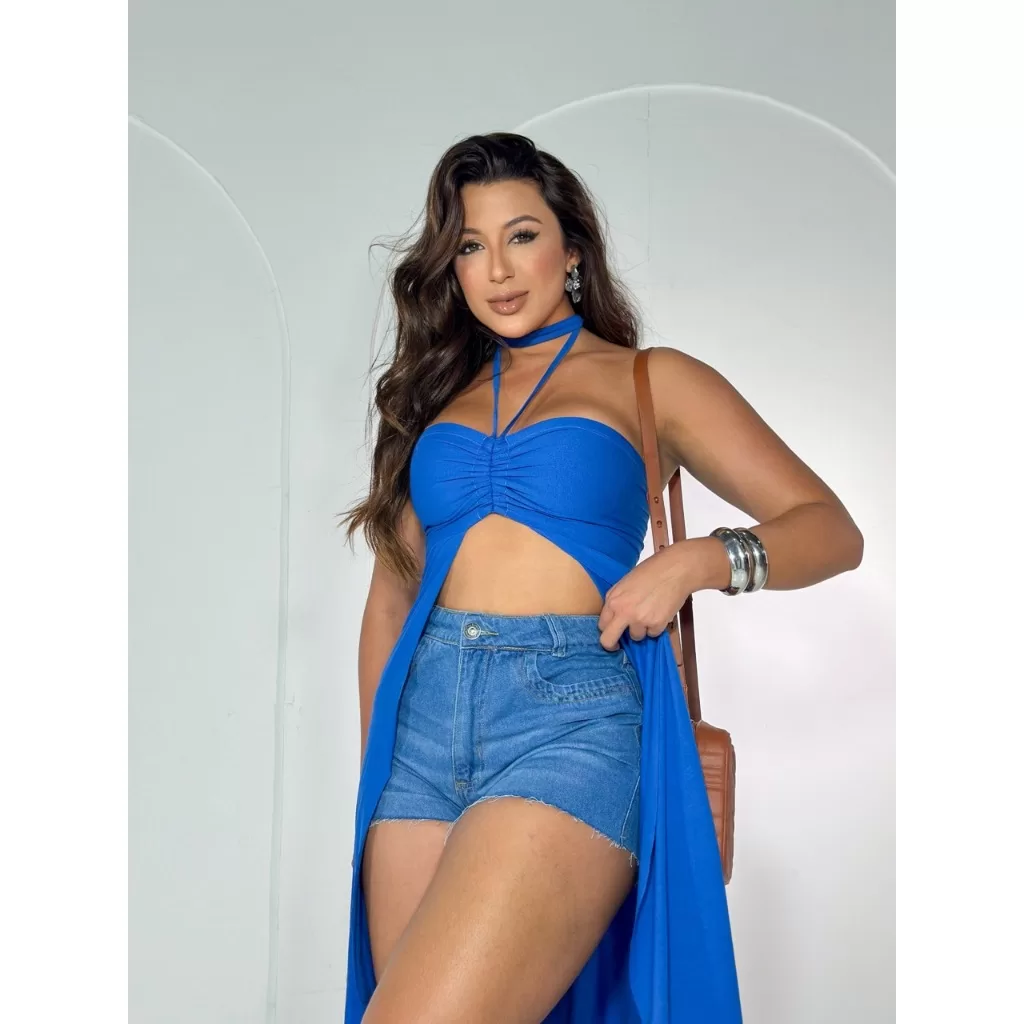 Bata Feminina Longa Viscolycra com Fenda  Tamanho P/M  Azul – Queima de estoque