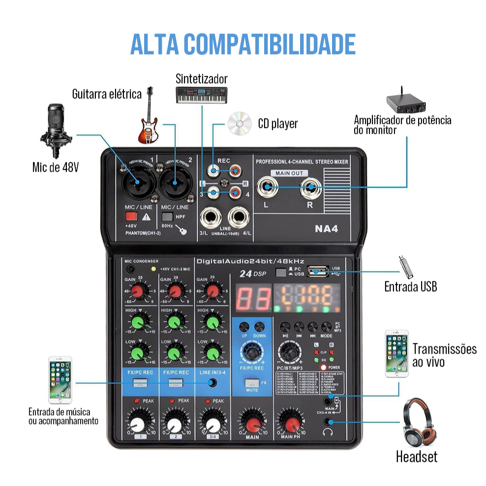 TEYUN 4 Canais Mixer De Áudio NA4 Console De Mixagem De Som 24 Efeitos DSP Portátil Profissional Ent