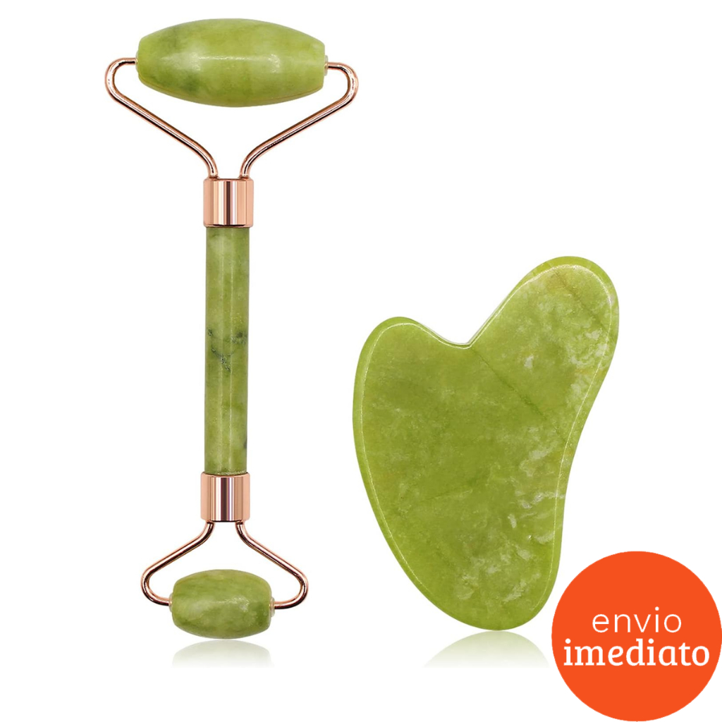 Kit Rolo Massageador Facil Pedra Jade + Gua Sha Pedra De Jade Anti Rugas