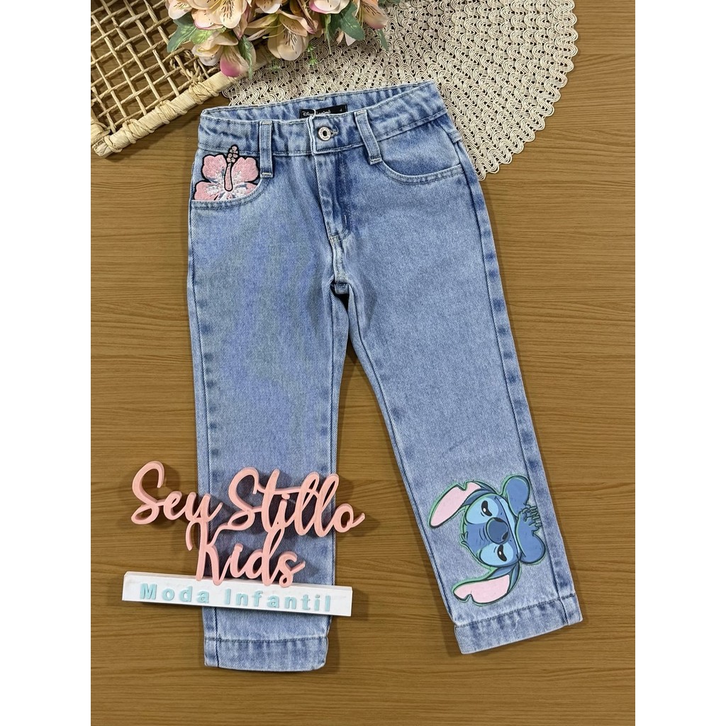 Calça Infantil Animê Inverno Jeans Stitch com Strass Disney