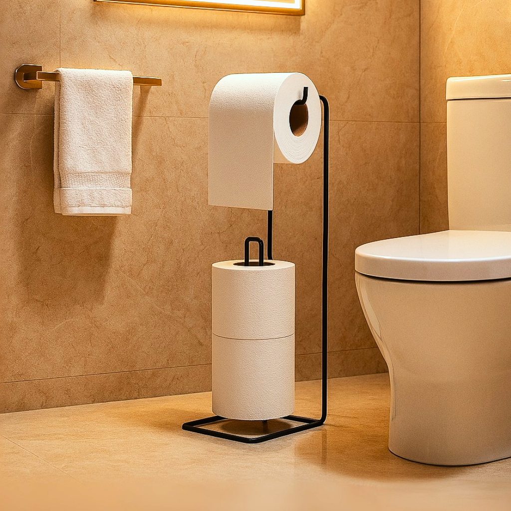 Suporte de Chão para Papel Higiênico 3 Rolos Porta Papel pra Banheiro Aramado Preto Branco e Metal