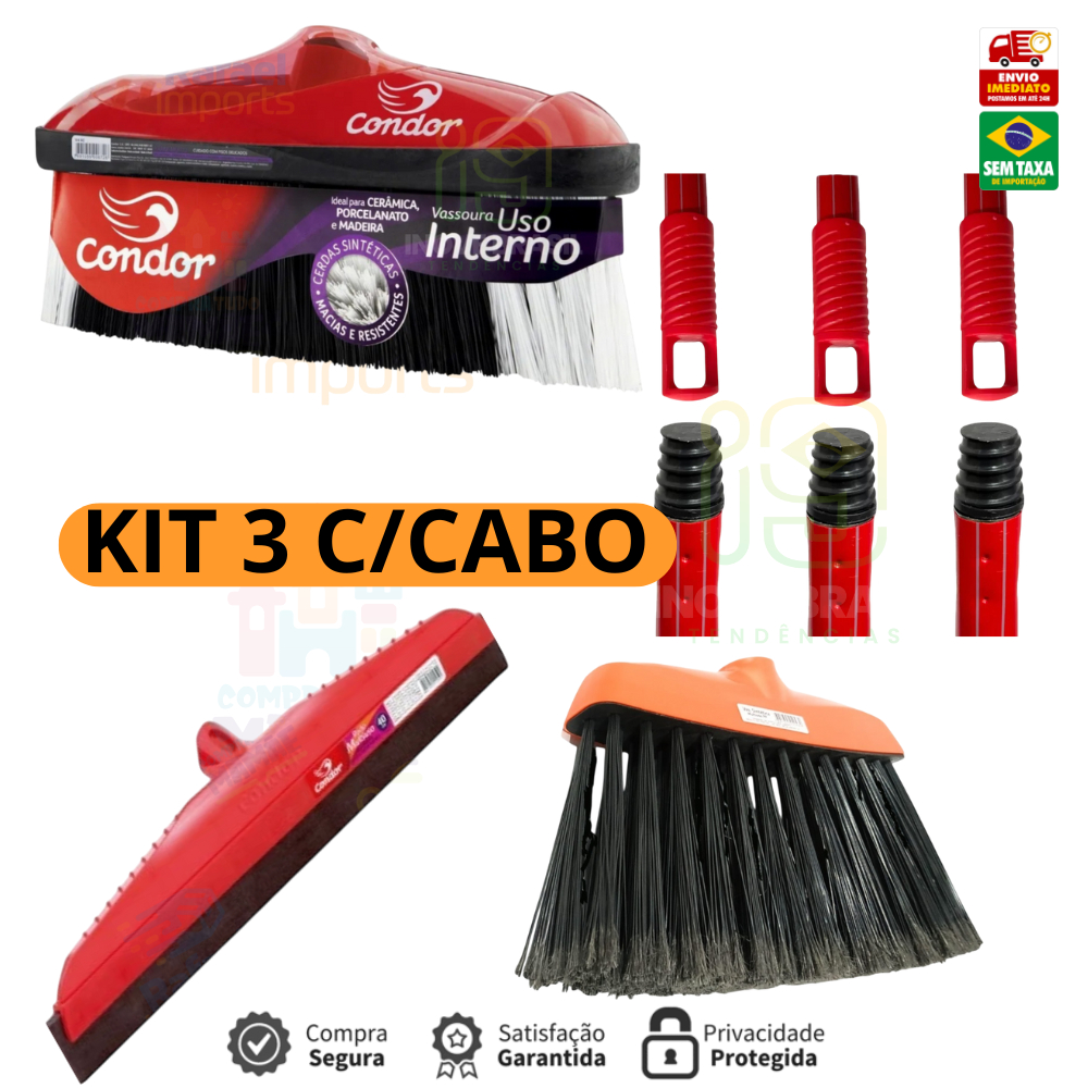 Kit  Vassoura Limpeza Domestica Condor Uso Interno Cozinha Sala Casa Area Sem Cabo V9SC