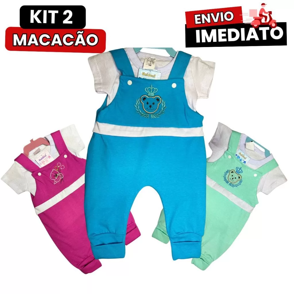 Kit 2 Macacão Estampado Com Camiseta Infantil Criança Premium Jardineira 150GR