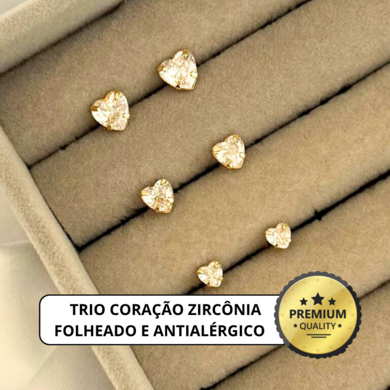 Trio Brincos de Zircônia Coração 5, 4 e 3 mm Ki