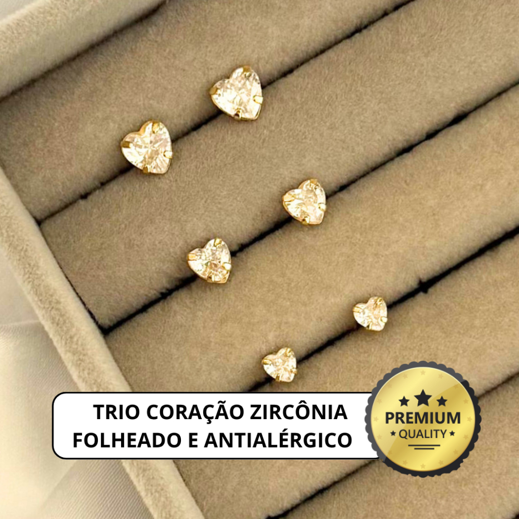 Trio Brincos de Zircônia Coração 5, 4 e 3 mm Kit 3 Pares Folheados a Ouro 18k Qualidade com Garantia