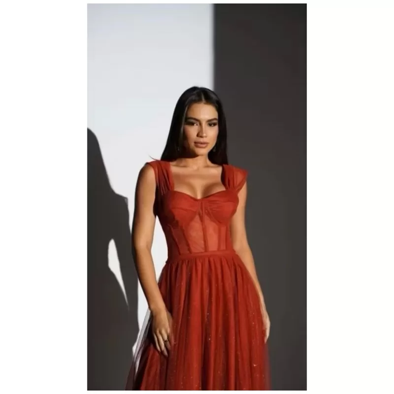 vestido de festa longo madrinha formatura casamento convidada debutante elegante tule terracota bril