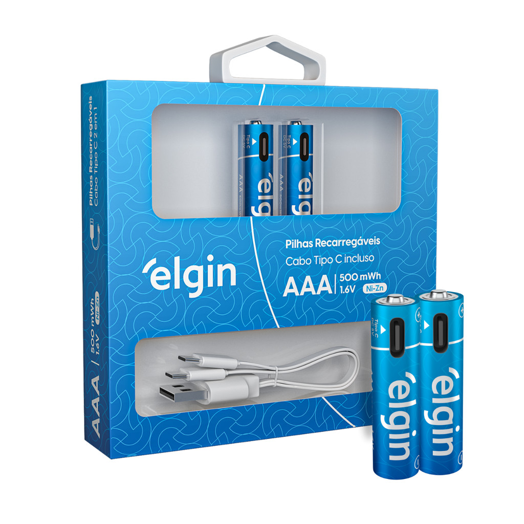 Kit 2 Pilha AAA Recarregavel Elgin Tipo C + Cabo Bateria USB Carregador Econômica 1200mAh Original
