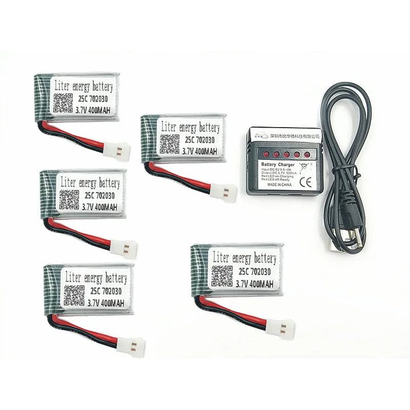 Kit 5 Baterias 3.7V 400mAh + Cabo Carregador para Helicópteros e Mini Drones
