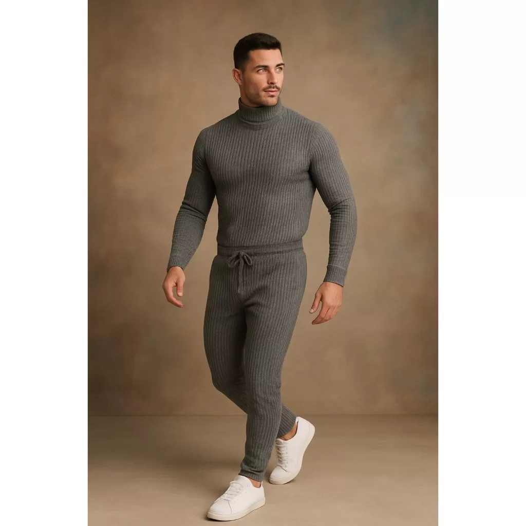 Conjunto Masculino de Frio Inverno Ribana Canelada Blusa + Calça Manga Longa Gola Alta Homem