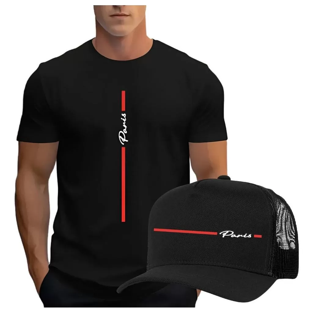 KIT Camiseta Masculina + Boné Estampado Paris Camiseta 100% Algodão Malha Premium