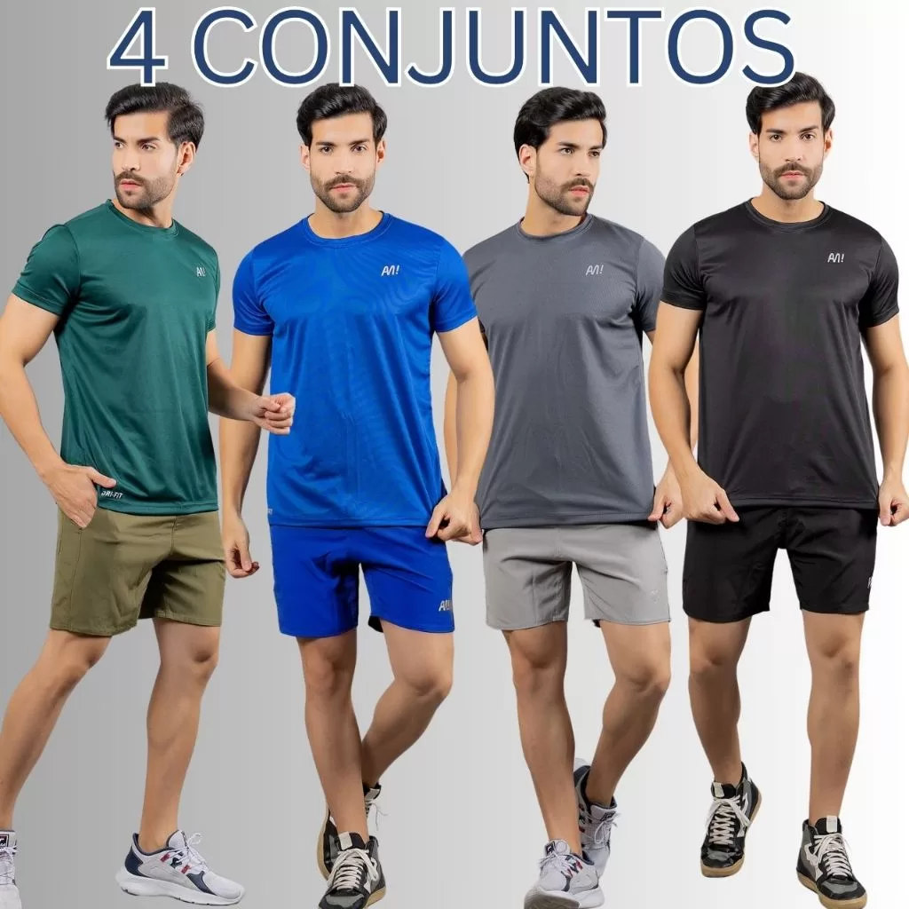 Conjunto Kit 4 Bermudas tactel masculino Academia + 4 Camisas Dry Fit masculinaesportiva