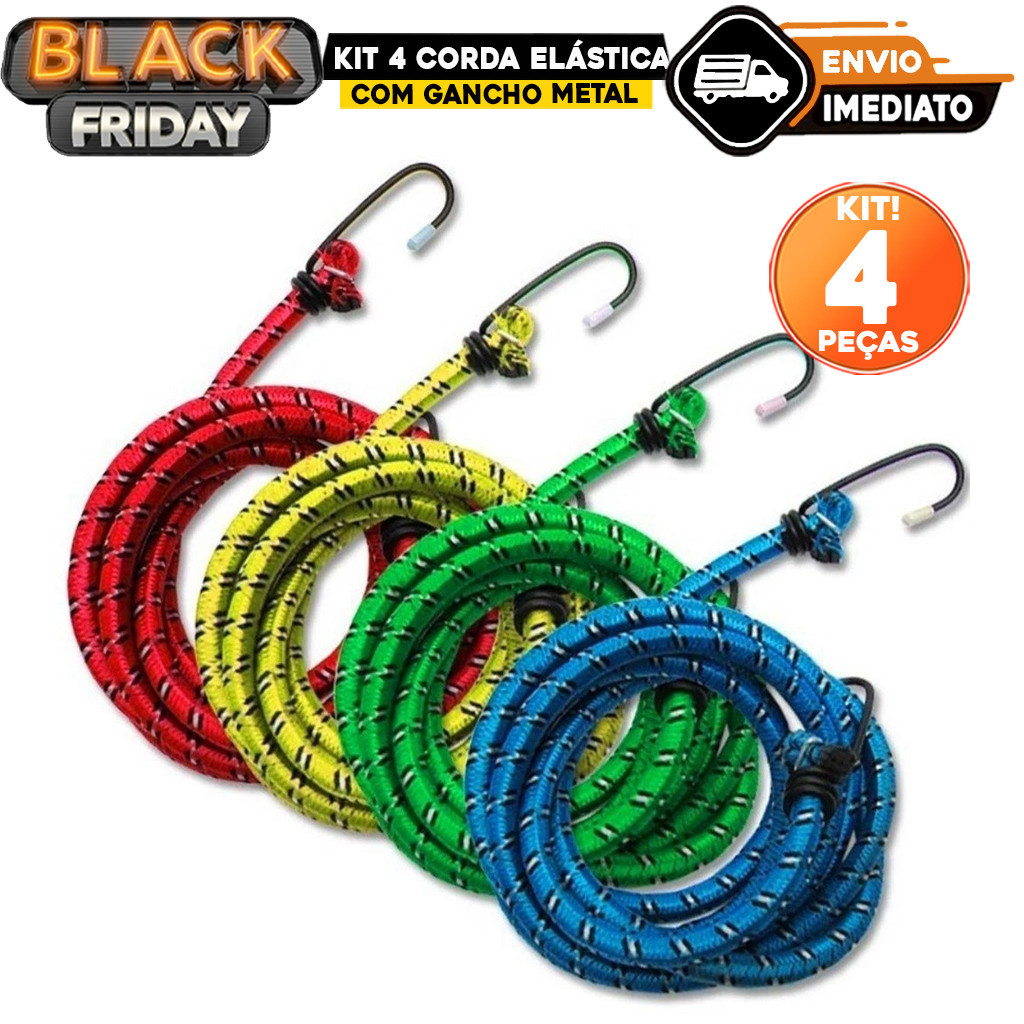 Kit com 4 Unidades de Corda Elástica 2m x 8mm com Gancho  Fertak Tools
