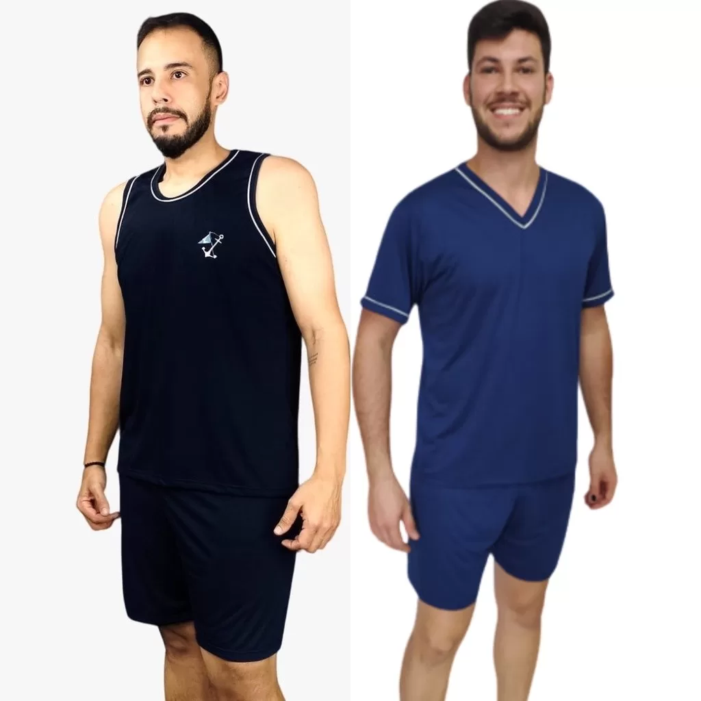 Kit 2 Pijamas Masculino malha premium Confortável  Regata e Manga curta e Short de Verão