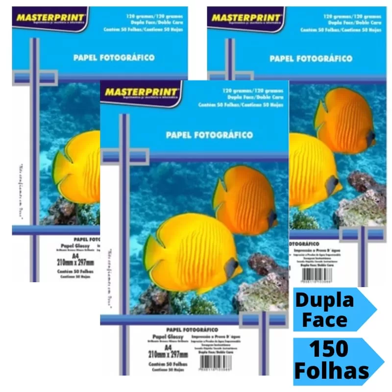 Papel Fotográfico Dupla face Foto 120g A4 Glossy Brilhante Resistente a Água 150 Folhas Masterprint