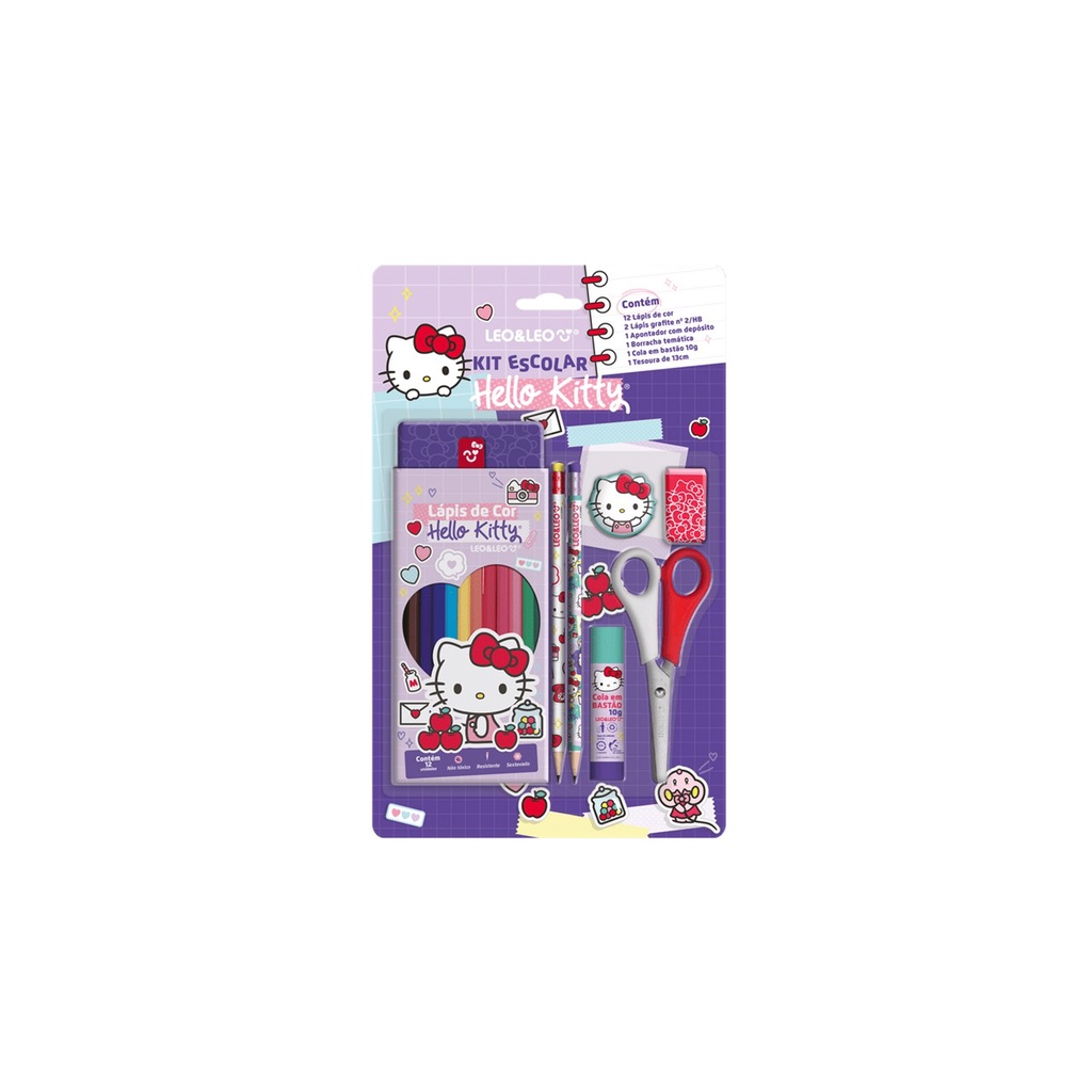 Kit Escolar Hello Kitty – Lápis 12 Cores + 5 Itens – LeoELeo