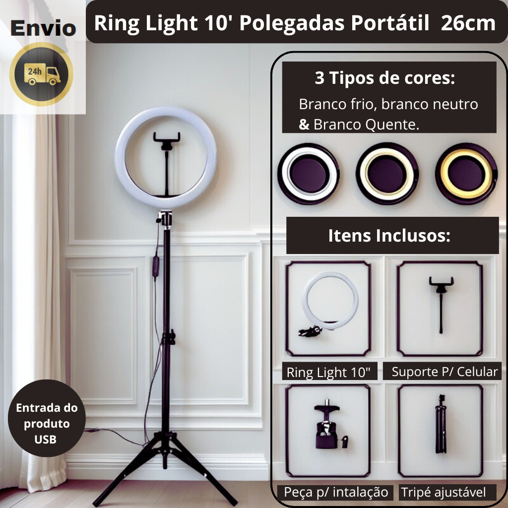 Ring Light 10 Completo Portátil 26cm + Tripé 1,79 + suporte p/ celular.