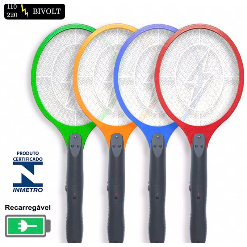 Raquete Recarregável Elétrica Mata Frita Mosquitos Moscas Insetos Pernilongos Dengue Bivolt Com Plug