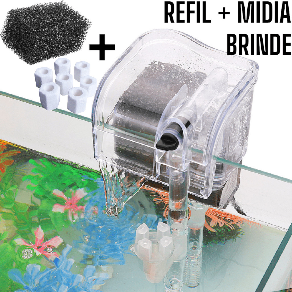 Kit Filtro externo HF-200 Hang -on aquário até 40l cascata ORIGINAL + Refil + Midia Biologica