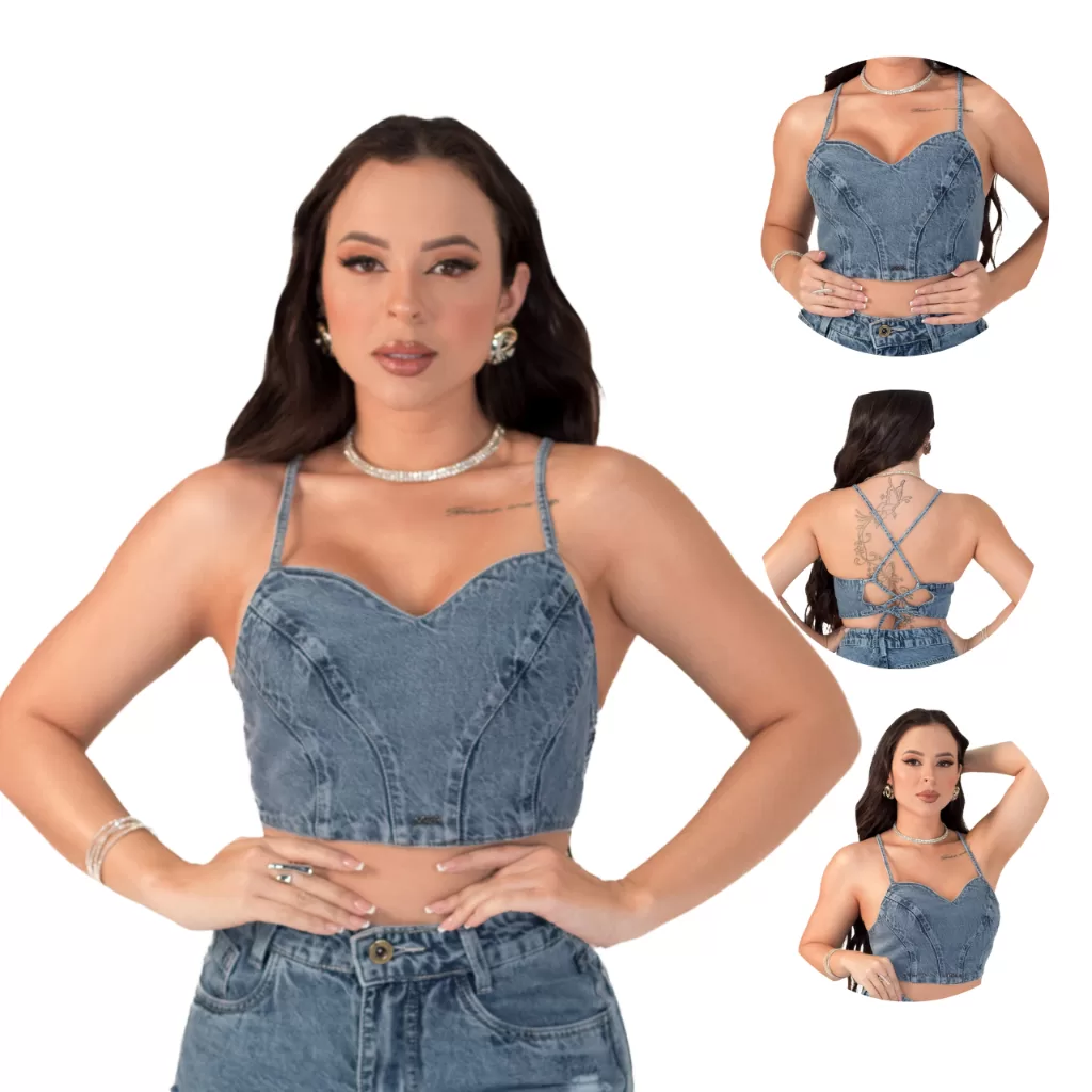 Cropped Top Jeans Feminino Alcinha Sem Bojo Ajustável Marmorizado Sem Elastano 100% Algodão Modelado