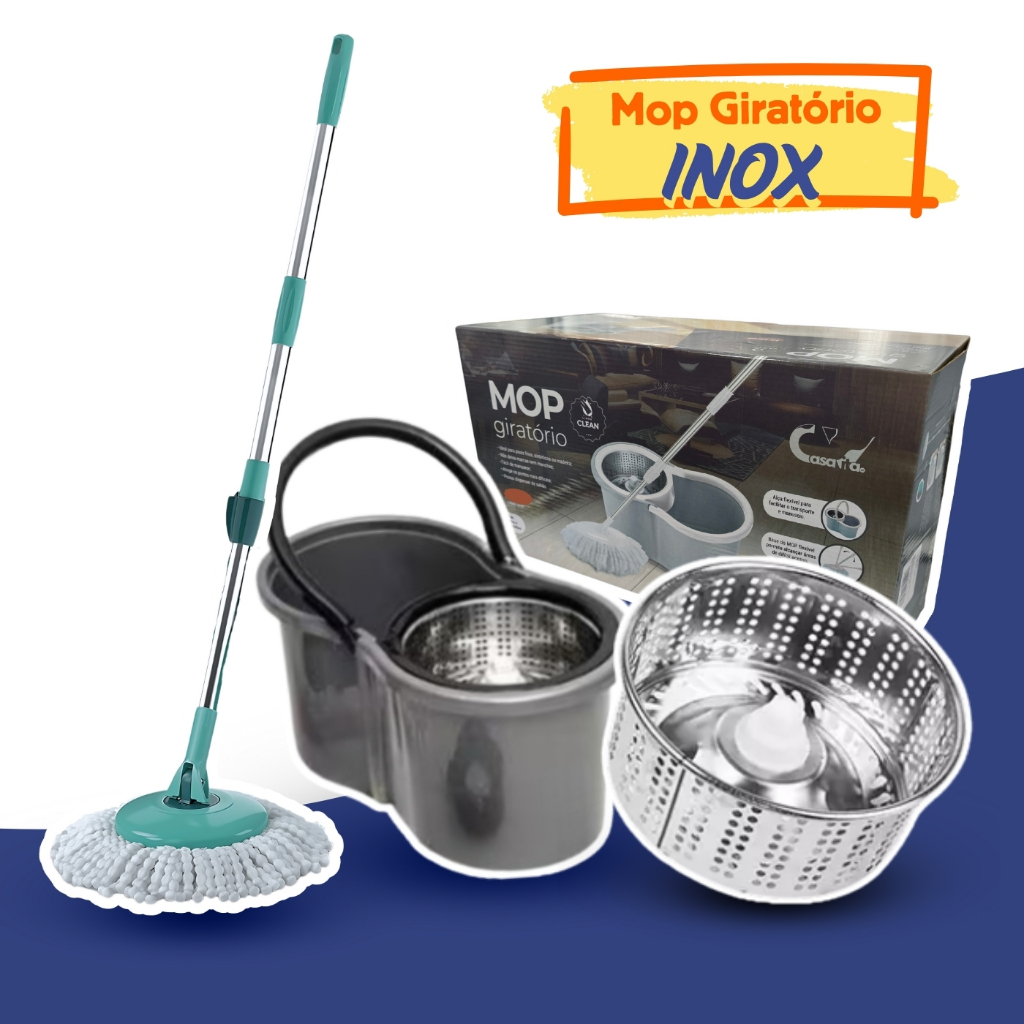 Mop Giratório Inox Cabo Grande de 120 cm 8 Litros Cesto Inox – Balde Centrífuga