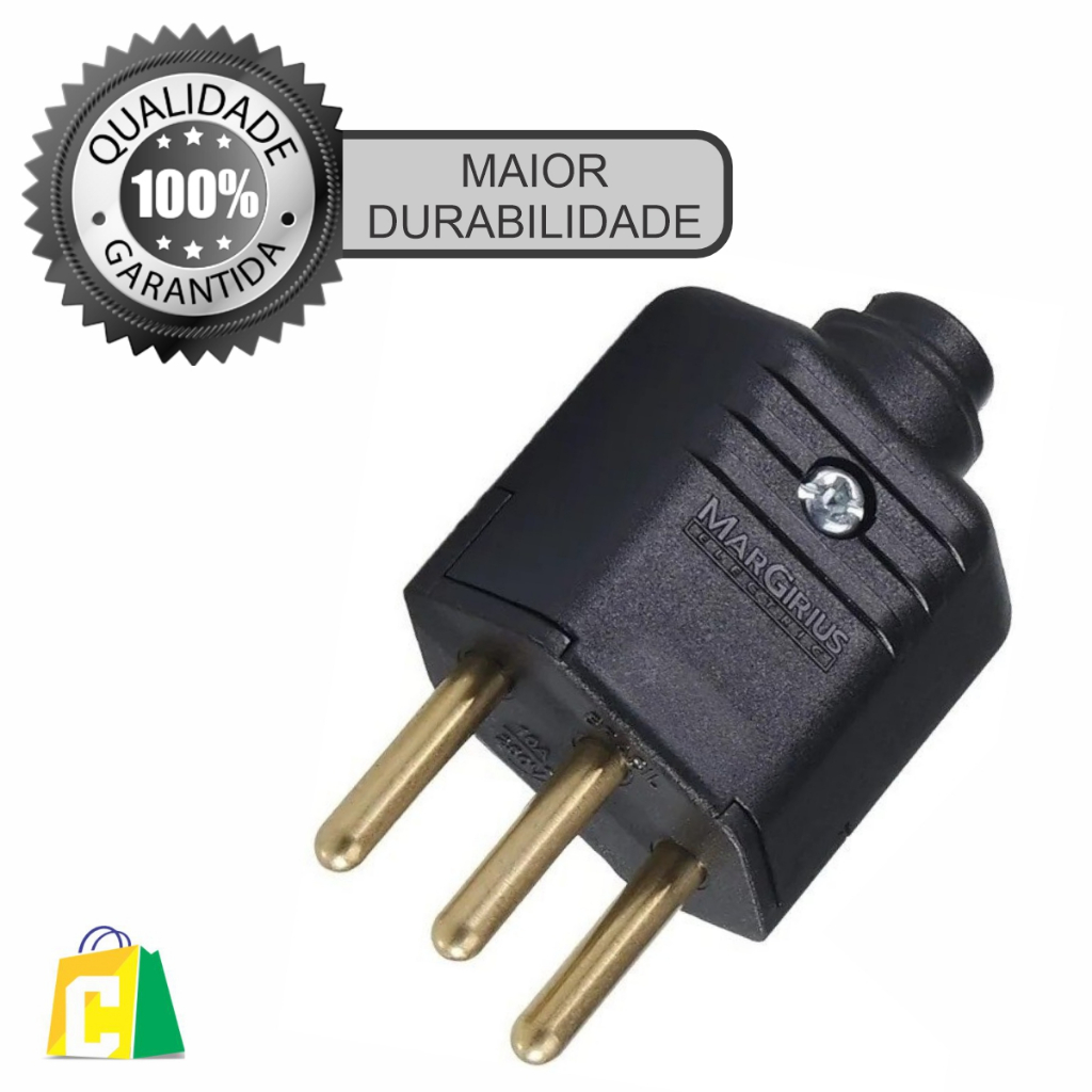 Kit 10 Plug Macho 2P+T 10A 250V 3 Pinos Preto Margirius