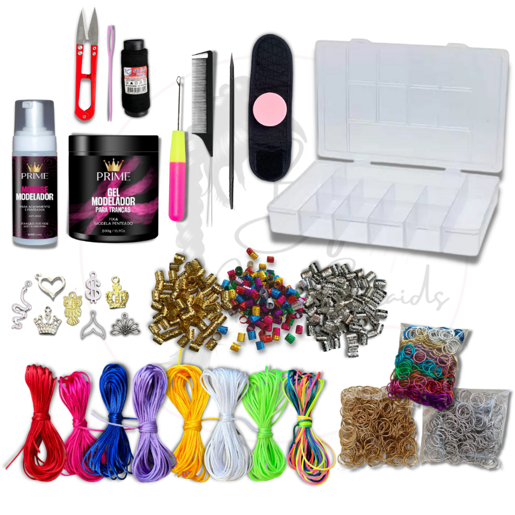 Kit Trancista Completo 458 acessórios p/ tranças. Aneis, Argola, Fio de Cetim, Pingentes, Pente, Cai