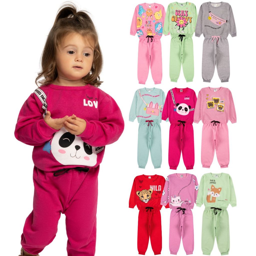 Kit Sortido 4 Peças Moletom Roupa De Bebê Menina Infantil Inverno – 2 Casacos + 2 Calças – Tamanhos